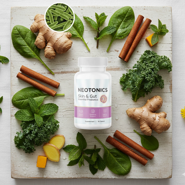 Neotonics supplement bottle surrounded by ginger, cinnamon, and prebiotic herbs for skin-gut health 2025 review.