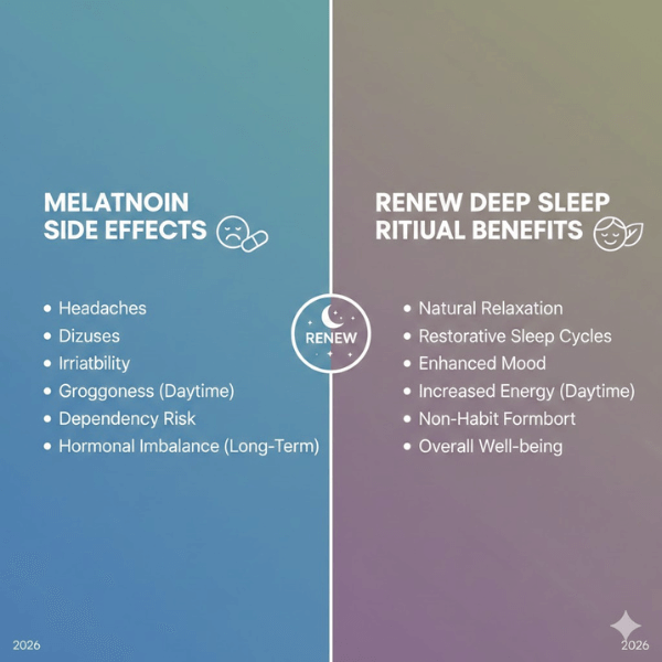 infographic comparing melatonin side effects vs renew deep sleep ritual benefits 2026